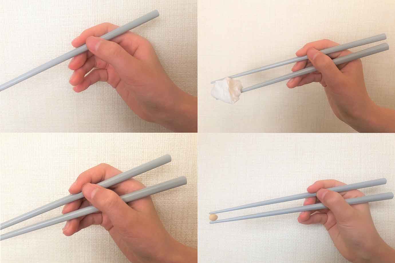箸を使った練習は、まずは1本の箸からはじめます。 上の箸1本を鉛筆持ちで持ち、3本の指を上下に動かします。